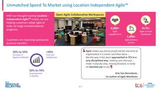 13
Unmatched Speed To Market using Location Independent Agile™
Open Agile Collaborative Workspaces
With our thought-leading Location -
Independent AgileTM model, we are
helping customers adopt Agile at
scale, for large transformational
programs.
Customers are reporting spectacular
business benefits :
417K+
Agile-trained
employees
6,000+
Agile
engagements
1,000+
Agile delivery
centres
30% to 50%
Increase in
Speed to Market
>90%
End User
Satisfaction
50% to 70%
Improvement
in Quality
Agile makes you future proof and for any kind of
organization it is easier said than done…..
But the way it has been approached in TCS in a
very disciplined way, making sure that you
make it step-by-step, moving forward, is really
an absolute joy to see.
Arie Van Bennekum,
Co-author of Agile Manifesto
 