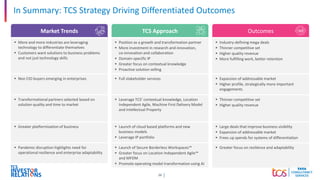 26
In Summary: TCS Strategy Driving Differentiated Outcomes
Market Trends TCS Approach Outcomes
▪ Position as a growth and transformation partner
▪ More investment in research and innovation,
co-innovation and collaboration
▪ Domain-specific IP
▪ Greater focus on contextual knowledge
▪ Proactive solution selling
▪ More and more industries are leveraging
technology to differentiate themselves
▪ Customers want solutions to business problems
and not just technology skills
▪ Industry-defining mega deals
▪ Thinner competitive set
▪ Higher quality revenue
▪ More fulfilling work, better retention
▪ Full stakeholder services
▪ Non CIO buyers emerging in enterprises ▪ Expansion of addressable market
▪ Higher profile, strategically more important
engagements
▪ Leverage TCS’ contextual knowledge, Location
Independent Agile, Machine First Delivery Model
and Intellectual Property
▪ Transformational partners selected based on
solution quality and time to market
▪ Thinner competitive set
▪ Higher quality revenue
▪ Launch of cloud based platforms and new
business models
▪ Leverage IP portfolio
▪ Greater platformization of business ▪ Large deals that improve business visibility
▪ Expansion of addressable market
▪ Frees up spends for systems of differentiation
▪ Launch of Secure Borderless Workspaces™
▪ Greater focus on Location Independent Agile™
and MFDM
▪ Promote operating model transformation using AI
▪ Pandemic disruption highlights need for
operational resilience and enterprise adaptability
▪ Greater focus on resilience and adaptability
 