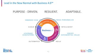 7
Lead in the New Normal with Business 4.0™
E M B R A C E R I S K
L E V E R A G E
E C O S Y S T E M S
M A S S P E R S O N A L I Z E
I N T E L L I G E N T
A G I L E
A U T O M AT E D
C R E AT E
E X P O N E N T I A L VA L U E
C L O U D
PURPOSE - DRIVEN. RESILIENT. ADAPTABLE.
 