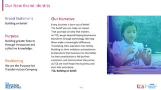 19
Building greater futures
through innovation and
collective knowledge.
Purpose
We are the Purpose-led
Transformation Company
Positioning
Building on belief
Brand Statement
Our New Brand Identity
Every business is born out of belief.
The belief you can make an impact.
That you have an idea that matters.
At TCS, we go beyond helping businesses
transform through technology. We help
them make a meaningful difference.
Translating their aspiration into reality.
Building on their ambition and optimism
to transform their business for the better.
So their contribution is felt by their
customers and communities they serve.
At TCS we instill hope into business and
trust into enterprise.
TCS, Building on belief.
Our Narrative
 