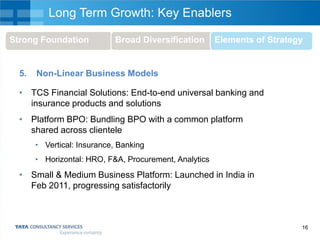 Long Term Growth: Key Enablers
Strong Foundation

5.

Broad Diversification

Elements of Strategy

Non-Linear Business Models

• TCS Financial Solutions: End-to-end universal banking and
insurance products and solutions
• Platform BPO: Bundling BPO with a common platform
shared across clientele
• Vertical: Insurance, Banking
• Horizontal: HRO, F&A, Procurement, Analytics

• Small & Medium Business Platform: Launched in India in
Feb 2011, progressing satisfactorily

16

 