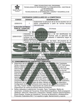 LÍNEA TECNOLÓGICA DEL PROGRAMA:
                     TECNOLOGÍAS DE INFORMACIÓN Y LA COMUNICACIÓN – GESTIÓN DE
                                           LA INFORMACIÓN
 Modelo de Mejora                        RED TECNOLÓGICA :
    Continua
                      TECNOLOGÍAS DE LA INFORMACIÓN Y DISEÑO Y DESARROLLO DE
                                              SOFTWARE

                    CONTENIDOS CURRICULARES DE LA COMPETENCIA
     CODIGO            VERSION                     DENOMINACION
                                 Implementar la estructura de la red de acuerdo con un
    220501012              1     diseño preestablecido a partir de normas tecnicas
                                 internacionales
   DURACIÓN ESTIMADA
   PARA EL LOGRO DEL                                       310 Horas
        APRENDIZAJE
                            2. RESULTADOS DE APRENDIZAJE
                   Interpretar los planos arquitectónicos y de red identificando los
                   requerimientos y especificaciones técnicas para la ejecución del
 22050101201
                   proyecto de instalación de la red cableada e inalámbrica según el
                   diseño establecido
                   Planear los recursos requeridos por las fases del proyecto de la
                   instalación de la red cableada e inalámbrica de acuerdo con el diseño
 22050101202
                   y los avances tecnológicos, los estándares y normas vigentes, para
                   garantizar el funcionamiento de la red
                   Realizar el montaje de la red cableada e inalámbrica aplicando
 22050101203 políticas de seguridad en los componentes del hardware, de acuerdo
                   con las normas y estándares vigentes
                   Elaborar la documentación técnica y administrativa del proceso de
                   instalación de la red cableada e inalámbrica, acorde con las
 22050101204
                   condiciones del contrato y ajustado a las normas y estándares vigentes
                   para garantizar la calidad de la información
                                   3. CONOCIMIENTOS
3.1 CONOCIMIENTOS DE CONCEPTOS Y PRINCIPIOS
   Diagnostico de la conectividad de la red: Modelo de referencia OSI, Topologías
   físicas y lógicas de red, Medios de transmisión y conectorización, UTP, Fibra óptica,
   Medios inalámbricos (atmosféricos), RJ 45, RJ 11, SC, ST, Equipos activos de
   interconexión, Switches, Router, Access Point, Modem, Interpretación de manuales
   técnicos, Direccionamiento de red, Interpretación de manuales técnicos de red,
   Interpretación de planos eléctricos y de red, Fundamentos de cableado estructurado,
   Área de trabajo, Aplicar herramientas de protección de estaciones clientes,
   Interpretar convenciones de rotulación, Cuarto de equipos, Cuarto de
   telecomunicaciones, Cableado horizontal, Cableado vertical, Metodología de
   ubicación de fallas, Verificación de la capa física, Inspección física del cable y los
   conectores, Manejo de instrumentos de medición (Probador de tonos y multímetro),
   Verificación de la capa de enlace de datos, Manejo de software de diagnóstico,
   Configuración de la NIC, Verificación de la capa de red, Comandos de gestión de
   red, Ping, Tracert, Netstat, Organización de cuartos de telecomunicaciones y
   Organización de cuartos de equipos telecomunicaciones
   Redes cableadas e inalámbricas: Concepto. Tipos. Topologías. Medios de
   transmisión. Unidades de Frecuencia. Ondas Electromagnéticas. Radio propagación
   (Reflexión, Difracción, Refracción y Dispersión). Señales. Espectro electromagnético.
   Efecto Doppler. Acoples de impedancia. Técnicas de Modulación y Multiplexación.
   Protocolos. Estándares 802.11 en español e inglés. Mantenimiento y soporte.


                                                                                     10
 