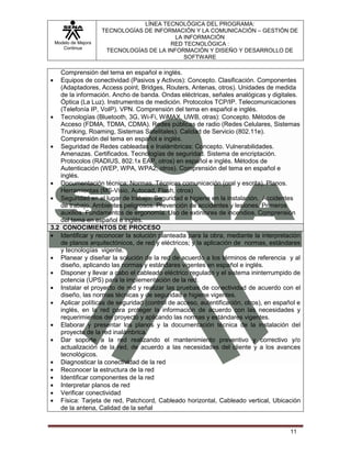 LÍNEA TECNOLÓGICA DEL PROGRAMA:
                    TECNOLOGÍAS DE INFORMACIÓN Y LA COMUNICACIÓN – GESTIÓN DE
                                          LA INFORMACIÓN
 Modelo de Mejora                       RED TECNOLÓGICA :
    Continua
                     TECNOLOGÍAS DE LA INFORMACIÓN Y DISEÑO Y DESARROLLO DE
                                             SOFTWARE

   Comprensión del tema en español e inglés.
   Equipos de conectividad (Pasivos y Activos): Concepto. Clasificación. Componentes
   (Adaptadores, Access point, Bridges, Routers, Antenas, otros). Unidades de medida
   de la información. Ancho de banda. Ondas eléctricas, señales analógicas y digitales.
   Óptica (La Luz). Instrumentos de medición. Protocolos TCP/IP. Telecomunicaciones
   (Telefonía IP, VoIP). VPN. Comprensión del tema en español e inglés.
   Tecnologías (Bluetooth, 3G, Wi-Fi, WiMAX, UWB, otras): Concepto. Métodos de
   Acceso (FDMA, TDMA, CDMA). Redes públicas de radio (Redes Celulares, Sistemas
   Trunking, Roaming, Sistemas Satelitales). Calidad de Servicio (802.11e).
   Comprensión del tema en español e inglés.
   Seguridad de Redes cableadas e Inalámbricas: Concepto. Vulnerabilidades.
   Amenazas. Certificados. Tecnologías de seguridad. Sistema de encriptación.
   Protocolos (RADIUS, 802.1x EAP, otros) en español e inglés. Métodos de
   Autenticación (WEP, WPA, WPA2, otros). Comprensión del tema en español e
   inglés.
   Documentación técnica: Normas. Técnicas comunicación (oral y escrita). Planos.
   Herramientas (MS-Visio, Autocad, Flash, otros)
   Seguridad en el lugar de trabajo: Seguridad e higiene en la instalación. Accidentes
   de trabajo. Ambientes peligrosos. Prevención de accidentes y lesiones. Primeros
   auxilios. Fundamentos de ergonomía. Uso de extintores de incendios. Comprensión
   del tema en español e inglés.
3.2 CONOCIMIENTOS DE PROCESO
   Identificar y reconocer la solución planteada para la obra, mediante la interpretación
   de planos arquitectónicos, de red y eléctricos; y la aplicación de normas, estándares
   y tecnologías vigente.
   Planear y diseñar la solución de la red de acuerdo a los términos de referencia y al
   diseño, aplicando las normas y estándares vigentes en español e inglés.
   Disponer y llevar a cabo el cableado eléctrico regulado y el sistema ininterrumpido de
   potencia (UPS) para la implementación de la red.
   Instalar el proyecto de red y realizar las pruebas de conectividad de acuerdo con el
   diseño, las normas técnicas y de seguridad e higiene vigentes.
   Aplicar políticas de seguridad (control de acceso, autentificación, otros), en español e
   inglés, en la red para proteger la información de acuerdo con las necesidades y
   requerimientos del proyecto y aplicando las normas y estándares vigentes.
   Elaborar y presentar los planos y la documentación técnica de la instalación del
   proyecto de la red inalámbrica.
   Dar soporte a la red realizando el mantenimiento preventivo y correctivo y/o
   actualización de la red, de acuerdo a las necesidades del cliente y a los avances
   tecnológicos.
   Diagnosticar la conectividad de la red
   Reconocer la estructura de la red
   Identificar componentes de la red
   Interpretar planos de red
   Verificar conectividad
   Física: Tarjeta de red, Patchcord, Cableado horizontal, Cableado vertical, Ubicación
   de la antena, Calidad de la señal


                                                                                       11
 