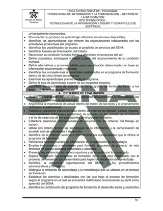LÍNEA TECNOLÓGICA DEL PROGRAMA:
                   TECNOLOGÍAS DE INFORMACIÓN Y LA COMUNICACIÓN – GESTIÓN DE
                                         LA INFORMACIÓN
Modelo de Mejora                       RED TECNOLÓGICA :
   Continua
                    TECNOLOGÍAS DE LA INFORMACIÓN Y DISEÑO Y DESARROLLO DE
                                            SOFTWARE

   universalmente reconocidos.
   Documentar su proceso de aprendizaje utilizando los recursos disponibles.
   Identificar las oportunidades que ofrecen las organizaciones relacionadas con las
   actividades productivas del programa.
   Identificar las posibilidades de acceso al portafolio de servicios del SENA.
   Identificar fuentes de financiación del Estado.
   Reconocer su condición humana frente a diferentes dimensiones del ser.
   Definir propósitos, estrategias y metas a partir del reconocimiento de su condición
   humana.
   Definir alternativas y acciones viables para una situación determinada con base en
   información documentada y valorada.
   Identificar las competencias a desarrollar establecidas en el programa de formación
   dentro de las cinco líneas tecnológicas.
   Examinar los aprendizajes previos frente al programa.
   Definir la ruta de aprendizaje a partir de los proyectos elegidos.
   Identificar los resultados de aprendizaje del programa de formación frente a los
   proyectos de la ruta de aprendizaje.
                             4. CRITERIOS DE EVALUACION
   Realiza las actividades de aprendizaje, utilizando eficientemente la metodología, los
   recursos y ambientes de aprendizaje.
   Argumenta la importancia de actuar dentro del marco de las leyes y el ordenamiento
   ciudadano e institucional.
   Establece relaciones interpersonales dentro de criterios de libertad, justicia, respeto,
   responsabilidad, tolerancia y solidaridad, de acuerdo con las normas de convivencia
   y el rol de cada uno de los participantes en el proceso formativo.
   Establece relaciones interpersonales de acuerdo con los criterios del trabajo en
   equipo.
   Utiliza con criterio técnico las tecnologías de la información y la comunicación de
   acuerdo con las actividades a desarrollar.
   Identifica en el entorno nacional e internacional las oportunidades que le ofrece el
   programa de formación.
   Referencia diversas fuentes de información en la realización de los trabajos.
   Emplea instrumentos y estrategias para formular propuesta de proyecto de vida
   teniendo en cuenta aspectos personales y laborales.
   Presenta las evidencias de manera oportuna y de acuerdo con lo concertado.
   Explica la relación del programa de formación en el cual está matriculado con el
   proyecto de formación que desarrollará para lograr los resultados de aprendizaje.
   Identifica la estructura organizacional del SENA, y los procedimientos
   administrativos y formativos.
   Distingue el ambiente de aprendizaje y la metodología que se utilizará en el proceso
   de formación.
   Establece los dominios y debilidades con las que llega al proceso de formación
   según el programa en el cual se encuentra matriculado reconociendo su perfil como
   aprendiz del SENA.
   Identifica la contribución del programa de formación al desarrollo social y productivo



                                                                                       19
 
