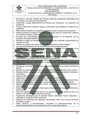 LÍNEA TECNOLÓGICA DEL PROGRAMA:
                   TECNOLOGÍAS DE INFORMACIÓN Y LA COMUNICACIÓN – GESTIÓN DE
                                         LA INFORMACIÓN
Modelo de Mejora                       RED TECNOLÓGICA :
   Continua
                    TECNOLOGÍAS DE LA INFORMACIÓN Y DISEÑO Y DESARROLLO DE
                                            SOFTWARE

   del sector y del país. Analiza de manera crítica las situaciones pertinentes que
   contribuyen a la resolución de problemas.
   Argumenta y acoge objetivamente los criterios que contribuyen a la resolución de
   problemas
   Propone alternativas creativas, lógicas y coherentes que posibiliten la resolución de
   problemas
   Desarrolla actividades de autogestión orientadas hacia el mejoramiento personal
   Aborda procesos de trabajo colaborativo orientados hacia la construcción colectiva
   en contextos sociales y productivos.
   Armoniza los componentes racionales y emocionales en el desarrollo de los
   procesos de trabajo colectivo.
   Identifica e integra los elementos de su contexto que le permiten redimensionar su
   proyecto de vida.
   Vivencia su proyecto de vida en el marco del Desarrollo Humano Integral
   Se comunica fácilmente con los miembros de la comunidad educativa.
   Establece procesos comunicativos asertivos que posibilitan la convivencia en los
   contextos social y productivo
   Resuelve conflictos mediante el uso de la racionalidad, la argumentación y la
   asertividad.
   Establece acuerdos mediante el uso de procesos comunicativos, racionales y
   argumentados orientados hacia la resolución de problemas.
   Aporta elementos en la construcción colectiva del conocimiento
   Optimiza los recursos requeridos en el desarrollo de sus actividades formativas y
   productivas.
   Contribuye en el cuidado y uso de los elementos que integran su entorno formativo y
   laboral.
   Dispone los residuos teniendo en cuenta las normas de clasificación de los mismos.
   Mantiene limpio y ordenado el lugar donde desarrolla sus actividades formativas y
   productivas.
   Aplica los test de condición física según estándares.
   Selecciona los ejercicios para el plan de acondicionamiento físico
   Elabora el plan de acondicionamiento físico, según sistemas de entrenamiento físico
   Diagnóstica los riesgos ergonómicos y psicosociales de su desempeño laboral.
   Selecciona las técnicas de cultura física para prevenir riesgos ergonómicos y
   psicosociales.
   Implementa técnicas de cultura física para la prevención de riesgos ergonómicos y
   psicosociales
   Valora el impacto de la cultura física en el mejoramiento de la calidad de vida y su
   efecto en el entorno familiar social y productivo.
   Implementa estrategias que le permitan liderar actividades físicas deportivas y
   culturales en contexto social y productivo.
   Participa en actividades que requieren coordinación motriz fina y gruesa de forma
   individual y grupal.
   Aplica técnicas y procedimientos orientados al perfeccionamiento de la
   psicomotricidad frente a los requerimientos de su desempeño laboral.



                                                                                    20
 
