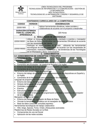 LÍNEA TECNOLÓGICA DEL PROGRAMA:
                     TECNOLOGÍAS DE INFORMACIÓN Y LA COMUNICACIÓN – GESTIÓN DE
                                           LA INFORMACIÓN
 Modelo de Mejora                        RED TECNOLÓGICA :
    Continua
                      TECNOLOGÍAS DE LA INFORMACIÓN Y DISEÑO Y DESARROLLO DE
                                              SOFTWARE

                    CONTENIDOS CURRICULARES DE LA COMPETENCIA
    CODIGO            VERSION                      DENOMINACION
                                Aplicar herramientas ofimáticas, redes sociales y
  220501900              1
                                colaborativas de acuerdo con el proyecto a desarrollar
  DURACIÓN ESTIMADA
   PARA EL LOGRO DEL                                    220 Horas
       APRENDIZAJE
                           2. RESULTADOS DE APRENDIZAJE
                 Utilizar un lenguaje de programación orientado a eventos y manejador
22050190001 de Base de Datos, combinados con herramientas Ofimáticas de acuerdo
                 con las necesidades del cliente
                 Participar en redes sociales en la web , utilizando las herramientas
                 tecnológicas de trabajo colaborativo de acuerdo con las necesidades de
22050190002
                 información, motivación e intereses y las tendencias de las Tecnologías
                 de la Información y de la Comunicación
                                  3. CONOCIMIENTOS
3.1 CONOCIMIENTOS DE CONCEPTOS Y PRINCIPIOS
Herramientas de Oficina
Procesador de palabras y hojas de cálculo
    Entorno de trabajo del procesador de palabras en Español y en Inglés.
    Comandos del procesador de palabra en Español y en Inglés
    Entorno de trabajo de la hoja electrónica en Español y en Inglés
    Comandos de la hoja electrónica en Español y en Inglés
Herramienta para presentación de diapositivas
    Entorno de trabajo de la herramienta para presentación de diapositivas en Español y
    en Inglés
    Comandos de la herramienta para presentación de diapositivas.
Lenguaje de programación orientado a eventos
    Entorno de trabajo del lenguaje de programación orientado a eventos
    Sintaxis del lenguaje de programación orientado a eventos
    Controles y propiedades
    Eventos
    Estructuras básicas de programación
    Conexiones entre el lenguaje de programación orientado a eventos y el manejador
    de la base de datos
Manejador de Bases de Datos
    Entorno de trabajo del manejador de Base de Datos
    Vincular la herramienta Ofimática con el manejador de Base de Datos
    Base de datos (creación, consultas,reportes).
Herramientas tecnológicas de trabajo colaborativo
    Wiki, blogs, Spaces, Foros, Chats y Búsquedas avanzadas
Plataformas de Redes Sociales en la Web
    Componentes de una red Social
    Aplicación de las redes sociales



                                                                                         4
 