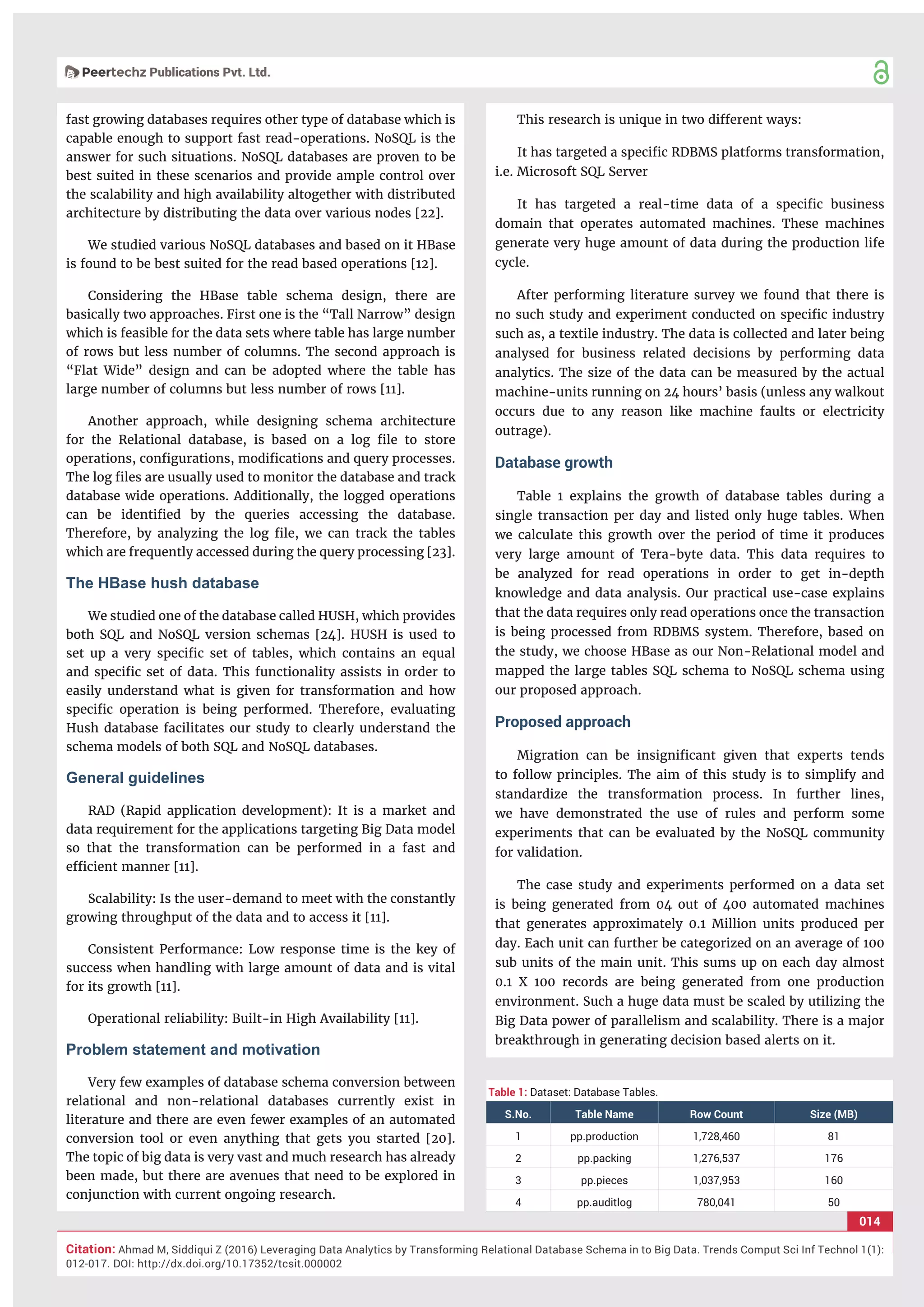 014
Citation: Ahmad M, Siddiqui Z (2016) Leveraging Data Analytics by Transforming Relational Database Schema in to Big Data. Trends Comput Sci Inf Technol 1(1):
012-017. DOI: http://dx.doi.org/10.17352/tcsit.000002
fast growing databases requires other type of database which is
capable enough to support fast read-operations. NoSQL is the
answer for such situations. NoSQL databases are proven to be
best suited in these scenarios and provide ample control over
the scalability and high availability altogether with distributed
architecture by distributing the data over various nodes [22].
We studied various NoSQL databases and based on it HBase
is found to be best suited for the read based operations [12].
Considering the HBase table schema design, there are
basically two approaches. First one is the “Tall Narrow” design
which is feasible for the data sets where table has large number
of rows but less number of columns. The second approach is
“Flat Wide” design and can be adopted where the table has
large number of columns but less number of rows [11].
Another approach, while designing schema architecture
for the Relational database, is based on a log ﬁle to store
operations, conﬁgurations, modiﬁcations and query processes.
The log ﬁles are usually used to monitor the database and track
database wide operations. Additionally, the logged operations
can be identiﬁed by the queries accessing the database.
Therefore, by analyzing the log ﬁle, we can track the tables
which are frequently accessed during the query processing [23].
The HBase hush database
We studied one of the database called HUSH, which provides
both SQL and NoSQL version schemas [24]. HUSH is used to
set up a very speciﬁc set of tables, which contains an equal
and speciﬁc set of data. This functionality assists in order to
easily understand what is given for transformation and how
speciﬁc operation is being performed. Therefore, evaluating
Hush database facilitates our study to clearly understand the
schema models of both SQL and NoSQL databases.
General guidelines
RAD (Rapid application development): It is a market and
data requirement for the applications targeting Big Data model
so that the transformation can be performed in a fast and
efﬁcient manner [11].
Scalability: Is the user-demand to meet with the constantly
growing throughput of the data and to access it [11].
Consistent Performance: Low response time is the key of
success when handling with large amount of data and is vital
for its growth [11].
Operational reliability: Built-in High Availability [11].
Problem statement and motivation
Very few examples of database schema conversion between
relational and non-relational databases currently exist in
literature and there are even fewer examples of an automated
conversion tool or even anything that gets you started [20].
The topic of big data is very vast and much research has already
been made, but there are avenues that need to be explored in
conjunction with current ongoing research.
This research is unique in two different ways:
It has targeted a speciﬁc RDBMS platforms transformation,
i.e. Microsoft SQL Server
It has targeted a real-time data of a speciﬁc business
domain that operates automated machines. These machines
generate very huge amount of data during the production life
cycle.
After performing literature survey we found that there is
no such study and experiment conducted on speciﬁc industry
such as, a textile industry. The data is collected and later being
analysed for business related decisions by performing data
analytics. The size of the data can be measured by the actual
machine-units running on 24 hours’ basis (unless any walkout
occurs due to any reason like machine faults or electricity
outrage).
Database growth
Table 1 explains the growth of database tables during a
single transaction per day and listed only huge tables. When
we calculate this growth over the period of time it produces
very large amount of Tera-byte data. This data requires to
be analyzed for read operations in order to get in-depth
knowledge and data analysis. Our practical use-case explains
that the data requires only read operations once the transaction
is being processed from RDBMS system. Therefore, based on
the study, we choose HBase as our Non-Relational model and
mapped the large tables SQL schema to NoSQL schema using
our proposed approach.
Proposed approach
Migration can be insigniﬁcant given that experts tends
to follow principles. The aim of this study is to simplify and
standardize the transformation process. In further lines,
we have demonstrated the use of rules and perform some
experiments that can be evaluated by the NoSQL community
for validation.
The case study and experiments performed on a data set
is being generated from 04 out of 400 automated machines
that generates approximately 0.1 Million units produced per
day. Each unit can further be categorized on an average of 100
sub units of the main unit. This sums up on each day almost
0.1 X 100 records are being generated from one production
environment. Such a huge data must be scaled by utilizing the
Big Data power of parallelism and scalability. There is a major
breakthrough in generating decision based alerts on it.
Table 1: Dataset: Database Tables.
S.No. Table Name Row Count Size (MB)
1 pp.production 1,728,460 81
2 pp.packing 1,276,537 176
3 pp.pieces 1,037,953 160
4 pp.auditlog 780,041 50
 
