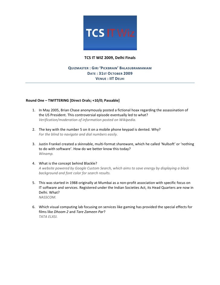 tcs it wiz 2009 finals with answers format wiz
