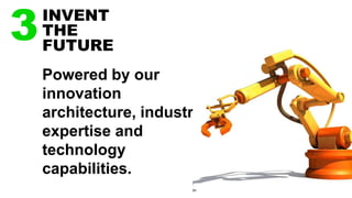 Powered by our
innovation
architecture, industry
expertise and
technology
capabilities.
3INVENT
THE
FUTURE