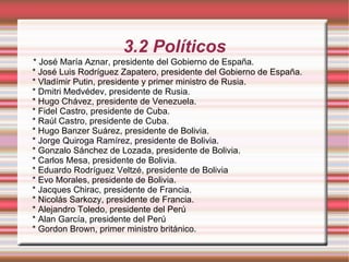 3.2 Políticos * José María Aznar, presidente del Gobierno de España. * José Luis Rodríguez Zapatero, presidente del Gobierno de España. * Vladímir Putin, presidente y primer ministro de Rusia. * Dmitri Medvédev, presidente de Rusia. * Hugo Chávez, presidente de Venezuela. * Fidel Castro, presidente de Cuba. * Raúl Castro, presidente de Cuba. * Hugo Banzer Suárez, presidente de Bolivia. * Jorge Quiroga Ramírez, presidente de Bolivia. * Gonzalo Sánchez de Lozada, presidente de Bolivia. * Carlos Mesa, presidente de Bolivia. * Eduardo Rodríguez Veltzé, presidente de Bolivia * Evo Morales, presidente de Bolivia. * Jacques Chirac, presidente de Francia. * Nicolás Sarkozy, presidente de Francia. * Alejandro Toledo, presidente del Perú * Alan García, presidente del Perú * Gordon Brown, primer ministro británico. 