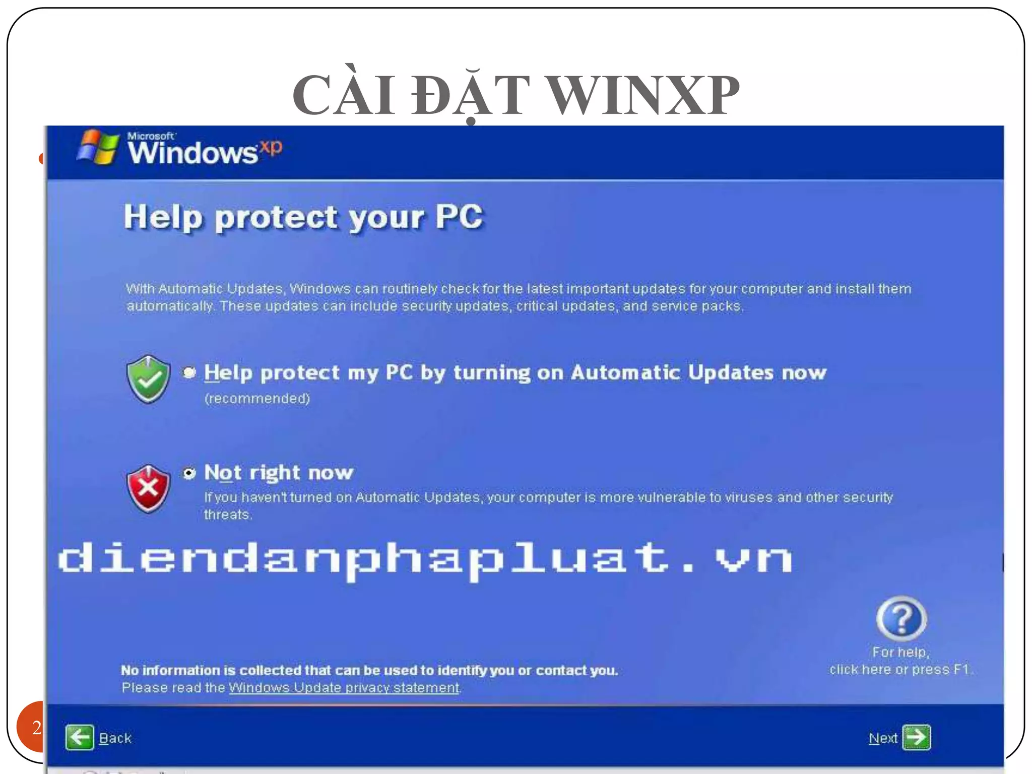 CÀI ĐẶT WINXP
 Cài đặt WinXP
      Đưa đĩa CD WindowsXP vào ổ đĩa CDROM và khởi động lại
      máy




27                                                   12/3/2011
 