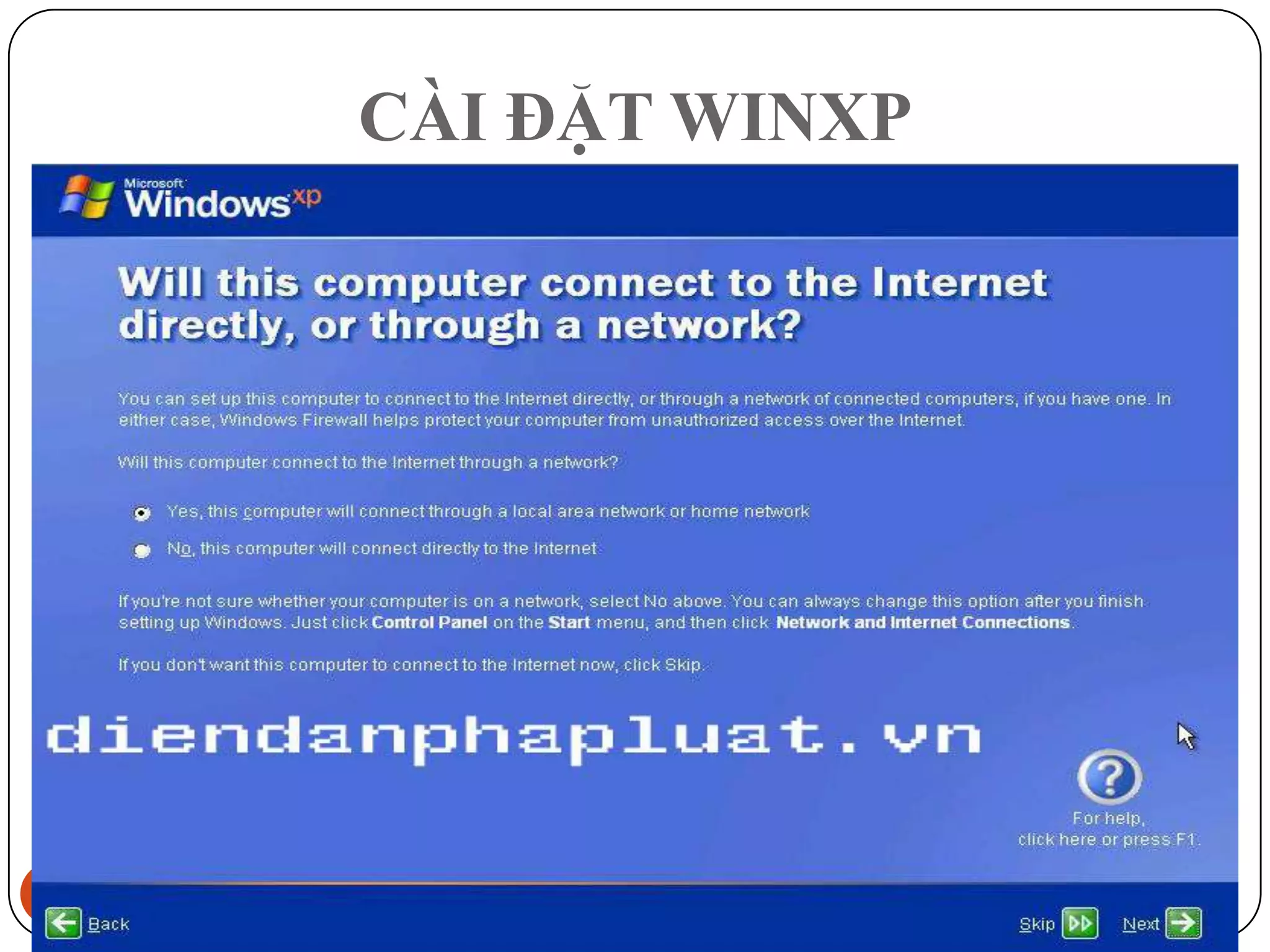 CÀI ĐẶT WINXP
 Cài đặt WinXP
      Đưa đĩa CD WindowsXP vào ổ đĩa CDROM và khởi động lại
      máy




28                                                   12/3/2011
 