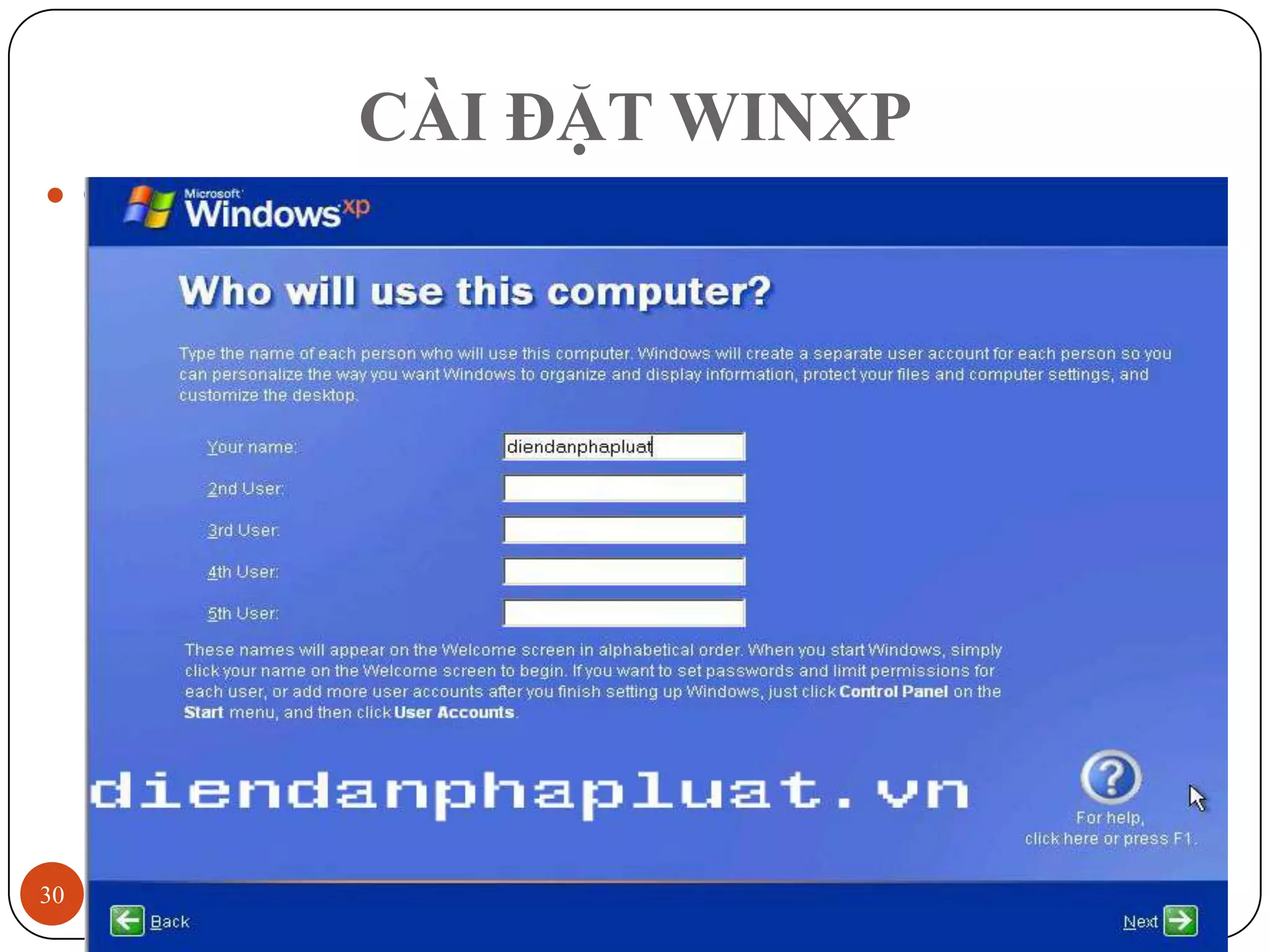CÀI ĐẶT WINXP
 Cài đặt WinXP
      Đưa đĩa CD WindowsXP vào ổ đĩa CDROM và khởi động lại
      máy




30                                                   12/3/2011
 
