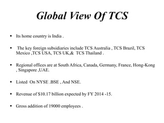  Its home country is India .
 The key foreign subsidiaries include TCS Australia , TCS Brazil, TCS
Mexico ,TCS USA, TCS UK,& TCS Thailand .
 Regional offices are at South Africa, Canada, Germany, France, Hong-Kong
, Singapore ,UAE.
 Listed On NYSE .BSE , And NSE.
 Revenue of $10.17 billion expected by FY 2014 -15.
 Gross addition of 19000 employees .
Global View Of TCS
 