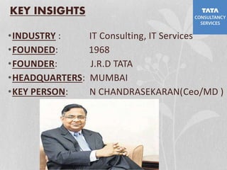 KEY INSIGHTS
•INDUSTRY : IT Consulting, IT Services
•FOUNDED: 1968
•FOUNDER: J.R.D TATA
•HEADQUARTERS: MUMBAI
•KEY PERSON: N CHANDRASEKARAN(Ceo/MD )
 