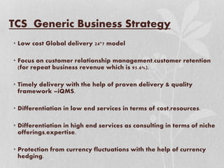 TCS Generic Business Strategy
• Low cost Global delivery 24*7 model
• Focus on customer relationship management,customer retention
(for repeat business revenue which is 95.6%).
• Timely delivery with the help of proven delivery & quality
framework –iQMS.
• Differentiation in low end services in terms of cost,resources.
• Differentiation in high end services as consulting in terms of niche
offerings,expertise.
• Protection from currency fluctuations with the help of currency
hedging.
 