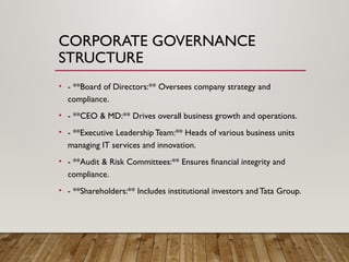 CORPORATE GOVERNANCE
STRUCTURE
• - **Board of Directors:** Oversees company strategy and
compliance.
• - **CEO & MD:** Drives overall business growth and operations.
• - **Executive Leadership Team:** Heads of various business units
managing IT services and innovation.
• - **Audit & Risk Committees:** Ensures financial integrity and
compliance.
• - **Shareholders:** Includes institutional investors and Tata Group.
 