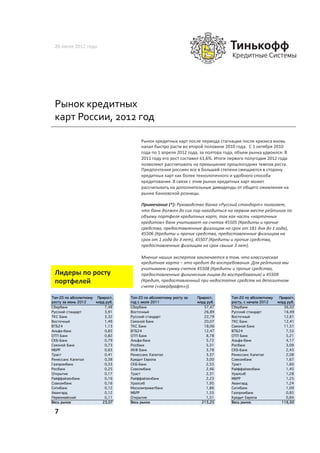 26	
  июля	
  2012	
  года	
  




 Рынок	
  кредитных	
  
 карт	
  России,	
  2012	
  год	
  

                                       Рынок	
  кредитных	
  карт	
  после	
  периода	
  стагнации	
  после	
  кризиса	
  вновь	
  
                                       начал	
  быстро	
  расти	
  во	
  второй	
  половине	
  2010	
  года.	
  	
  С	
  1	
  октября	
  2010	
  
                                       года	
  по	
  1	
  апреля	
  2012	
  года,	
  за	
  полтора	
  года,	
  объем	
  рынка	
  удвоился.	
  В	
  
                                       2011	
  году	
  его	
  рост	
  составил	
  61,6%.	
  Итоги	
  первого	
  полугодия	
  2012	
  года	
  
                                       позволяют	
  рассчитывать	
  на	
  превышение	
  прошлогодних	
  темпов	
  роста.	
  
                                       Предпочтения	
  россиян	
  все	
  в	
  большей	
  степени	
  смещаются	
  в	
  сторону	
  
                                       кредитных	
  карт	
  как	
  более	
  технологичного	
  и	
  удобного	
  способа	
  
                                       кредитования.	
  В	
  связи	
  с	
  этим	
  рынок	
  кредитных	
  карт	
  может	
  
                                       рассчитывать	
  на	
  дополнительные	
  дивиденды	
  от	
  общего	
  оживления	
  на	
  
                                       рынке	
  банковской	
  розницы.	
  
                                       	
  
                                       Примечание	
  (*):	
  Руководство	
  банка	
  «Русский	
  стандарт»	
  полагает,	
  
                                       что	
  банк	
  должен	
  до	
  сих	
  пор	
  находиться	
  на	
  первом	
  месте	
  рейтинга	
  по	
  
                                       объему	
  портфеля	
  кредитных	
  карт,	
  так	
  как	
  часть	
  «карточных	
  
                                       кредитов»	
  банк	
  учитывает	
  на	
  счетах	
  45505	
  (Кредиты	
  и	
  прочие	
  
                                       средства,	
  предоставленные	
  физлицам	
  на	
  срок	
  от	
  181	
  дня	
  до	
  1	
  года),	
  
                                       45506	
  (Кредиты	
  и	
  прочие	
  средства,	
  предоставленные	
  физлицам	
  на	
  
                                       срок	
  от	
  1	
  года	
  до	
  3	
  лет),	
  45507	
  (Кредиты	
  и	
  прочие	
  средства,	
  
                                       предоставленные	
  физлицам	
  на	
  срок	
  свыше	
  3	
  лет).	
  
                                       	
  
                                       Мнение	
  наших	
  экспертов	
  заключается	
  в	
  том,	
  что	
  классическая	
  
                                       кредитная	
  карта	
  –	
  это	
  кредит	
  до	
  востребования.	
  Для	
  рейтинга	
  мы	
  
                                       учитываем	
  сумму	
  счетов	
  45508	
  (Кредиты	
  и	
  прочие	
  средства,	
  
 Лидеры	
  по	
  росту	
               предоставленные	
  физическим	
  лицам	
  до	
  востребования)	
  и	
  45509	
  
 портфелей	
                           (Кредит,	
  предоставленный	
  при	
  недостатке	
  средств	
  на	
  депозитном	
  
                                       счете	
  («овердрафт»)).	
  

Топ-20 по абсолютному Прирост,    Топ-20 по абсолютному росту за              Прирост,                 Топ-20 по абсолютному            Прирост,
росту за июнь 2012    млрд руб.         	
  
                                  год с июля 2011                             млрд руб.                росту, с начала 2012            млрд руб.
Сбербанк                  7,48    Сбербанк                                       57,47                 Сбербанк                           36,02
Русский стандарт          3,91    Восточный                                      26,89                 Русский стандарт                   16,49
ТКС Банк                  3,32    Русский стандарт                               22,79                 Восточный                          12,61
Восточный                 1,49    Связной Банк                                   20,07                 ТКС Банк                           12,41
ВТБ24                     1,13    ТКС Банк                                       18,06                 Связной Банк                       11,51
Альфа-банк                0,85    ВТБ24                                          12,47                 ВТБ24                               7,53
ОТП Банк                  0,82    ОТП Банк                                        8,78                 ОТП Банк                            5,21
СКБ-Банк                  0,79    Альфа-банк                                      5,72                 Альфа-банк                          4,17
Связной Банк              0,73    Росбанк                                         5,31                 Росбанк                             3,09
МБРР                      0,63    ХКФ Банк                                        3,78                 СКБ-Банк                            2,43
Траст                     0,41    Ренессанс Капитал                               3,37                 Ренессанс Капитал                   2,08
Ренессанс Капитал         0,38    Кредит Европа                                   3,00                 Совкомбанк                          1,67
Газпромбанк               0,33    СКБ-Банк                                        2,55                 Траст                               1,60
Росбанк                   0,25    Совкомбанк                                      2,46                 Райффайзенбанк                      1,45
Открытие                  0,17    Траст                                           2,31                 Уралсиб                             1,28
Райффайзенбанк            0,16    Райффайзенбанк                                  2,23                 МБРР                                1,25
Совкомбанк                0,16    Уралсиб                                         1,95                 Авангард                            1,24
Ситибанк                  0,12    Москомприватбанк                                1,86                 Ситибанк                            1,09
Авангард                  0,12    МБРР                                            1,55                 Газпромбанк                         0,85
Первомайский              0,11    Открытие                                        1,51                 Кредит Европа                       0,84
Весь рынок               23,07    Весь рынок                                    213,25                 Весь рынок                        116,50

 7	
  
 