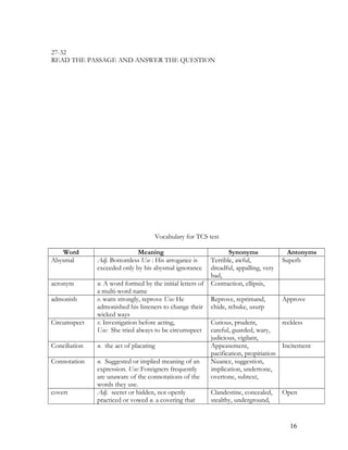 27-32
READ THE PASSAGE AND ANSWER THE QUESTION
Vocabulary for TCS test
Word Meaning Synonyms Antonyms
Abysmal Adj. Bottomless Use : His arrogance is
exceeded only by his abysmal ignorance
Terrible, awful,
dreadful, appalling, very
bad,
Superb
acronym n. A word formed by the initial letters of
a multi-word name
Contraction, ellipsis,
admonish v. warn strongly, reprove Use: He
admonished his listeners to change their
wicked ways
Reprove, reprimand,
chide, rebuke, usurp
Approve
Circumspect v. Investigation before acting,
Use: She tried always to be circumspect
Cutious, prudent,
careful, guarded, wary,
judicious, vigilant,
reckless
Conciliation n. the act of placating Appeasement,
pacification, propitiation
Incitement
Connotation n. Suggested or implied meaning of an
expression. Use: Foreigners frequently
are unaware of the connotations of the
words they use.
Nuance, suggestion,
implication, undertone,
overtone, subtext,
covert Adj. secret or hidden, not openly
practiced or vowed n. a covering that
Clandestine, concealed,
stealthy, underground,
Open
16
 