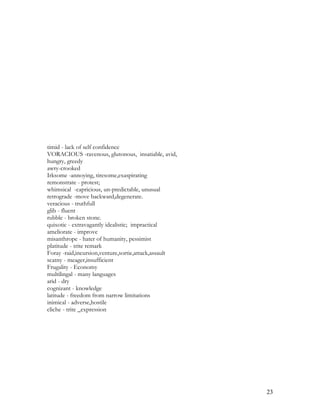 timid - lack of self confidence
VORACIOUS -ravenous, glutonous, insatiable, avid,
hungry, greedy
awry-crooked
Irksome -annoying, tiresome,exaspirating
remonstrate - protest;
whimsical -capricious, un-predictable, unusual
retrograde -move backward,degenerate.
veracious - truthfull
glib - fluent
rubble - broken stone.
quixotic - extravagantly idealistic; impractical
ameliorate - improve
misanthrope - hater of humanity, pessimist
platitude - trite remark
Foray -raid,incursion,venture,sortie,attack,assault
scatny - meager,insufficient
Frugality - Economy
multilingal - many languages
arid - dry
cognizant - knowledge
latitude - freedom from narrow limitations
inimical - adverse,hostile
cliche - trite _expression
23
 