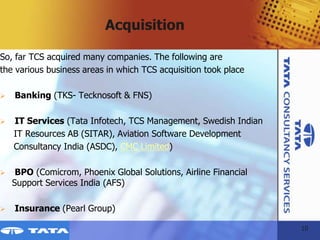 Acquisition

So, far TCS acquired many companies. The following are
the various business areas in which TCS acquisition to...