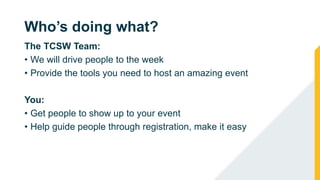 Who’s doing what?
The TCSW Team:
• We will drive people to the week
• Provide the tools you need to host an amazing event
You:
• Get people to show up to your event
• Help guide people through registration, make it easy
 