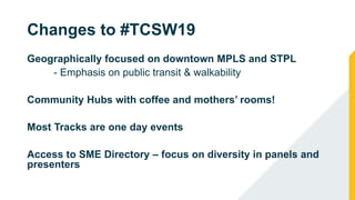 Changes to #TCSW19
Geographically focused on downtown MPLS and STPL
- Emphasis on public transit & walkability
Community Hubs with coffee and mothers’ rooms!
Most Tracks are one day events
Access to SME Directory – focus on diversity in panels and
presenters
 