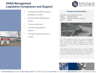 SYSTEM MODELLING AUDITS FUNCTIONAL SAFETY SYSTEM MODELLING DRAFTING AUTOMATION COMMISSIONING EARTH INJECTION TESTING
OH&S Management
Legislative Compliance and Support
• Occupational Health and Safety
Management System
• Electrical Safety Management
System
• Training assessment
• Contractor Management
Systems
• Compliance audits and system
reviews
Example of Previous Work
Job Name: Site Compliance Audit
Client: Hebden Quarry
Location: New South Wales, Australia
Type: Mining
TCT was engaged to carry out a quarry compliance
audit to Australian Standards AS3000 and AS3007.
This included the office, weighbridge, amenities,
workshop and mining areas including portable mining
equipment.
The objective of the project was to provide Hebden
Quarries with a detailed report of the findings including
a list of practical recommendations. A maintenance
management system was also provided for the site.
 