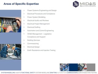 SYSTEM MODELLING AUDITS FUNCTIONAL SAFETY SYSTEM MODELLING DRAFTING AUTOMATION COMMISSIONING EARTH INJECTION TESTING
Areas of Specific Expertise
• Power Systems Engineering and Design
• Electrical Procedures and Compliance
• Power System Modelling
• Electrical Audits and Reviews
• Electrical Project Management
• Electrical Drafting
• Automation and Control Engineering
• OH&S Management – Legislative
Compliance and Support
• Building Services
• Commissioning
• Electrical Design
• Earth Resistance and Injection Testing
 