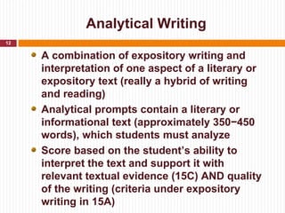 Analytical Writing
12


     A combination of expository writing and
     interpretation of one aspect of a literary or
     expository text (really a hybrid of writing
     and reading)
     Analytical prompts contain a literary or
     informational text (approximately 350−450
     words), which students must analyze
     Score based on the student’s ability to
     interpret the text and support it with
     relevant textual evidence (15C) AND quality
     of the writing (criteria under expository
     writing in 15A)
 