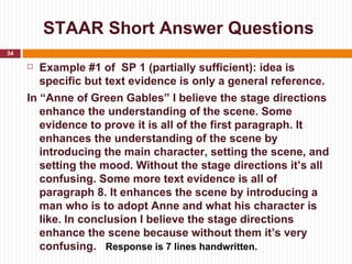 STAAR Short Answer Questions
34

       Example #1 of SP 1 (partially sufficient): idea is
        specific but text evidence is only a general reference.
     In “Anne of Green Gables” I believe the stage directions
        enhance the understanding of the scene. Some
        evidence to prove it is all of the first paragraph. It
        enhances the understanding of the scene by
        introducing the main character, setting the scene, and
        setting the mood. Without the stage directions it’s all
        confusing. Some more text evidence is all of
        paragraph 8. It enhances the scene by introducing a
        man who is to adopt Anne and what his character is
        like. In conclusion I believe the stage directions
        enhance the scene because without them it’s very
        confusing. Response is 7 lines handwritten.
 