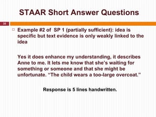 STAAR Short Answer Questions
35

        Example #2 of SP 1 (partially sufficient): idea is
         specific but text evidence is only weakly linked to the
         idea


         Yes it does enhance my understanding, it describes
         Anne to me. It lets me know that she’s waiting for
         something or someone and that she might be
         unfortunate. “The child wears a too-large overcoat.”

                    Response is 5 lines handwritten.
 