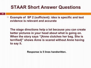 STAAR Short Answer Questions
36

        Example of SP 2 (sufficient): idea is specific and text
         evidence is relevant and accurate


         The stage directions help a lot because you can create
         better pictures in your head about what is going on.
         When the story says “[Anne clutches her bag. She is
         terrified]” shows Anne is scared without Anne having
         to say it.

                     Response is 5 lines handwritten.
 