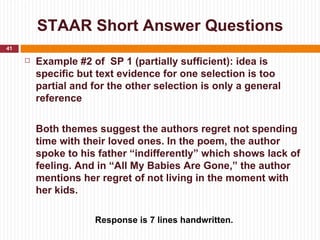 STAAR Short Answer Questions
41

        Example #2 of SP 1 (partially sufficient): idea is
         specific but text evidence for one selection is too
         partial and for the other selection is only a general
         reference


         Both themes suggest the authors regret not spending
         time with their loved ones. In the poem, the author
         spoke to his father “indifferently” which shows lack of
         feeling. And in “All My Babies Are Gone,” the author
         mentions her regret of not living in the moment with
         her kids.

                     Response is 7 lines handwritten.
 