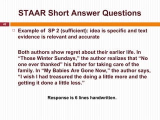 STAAR Short Answer Questions
42

        Example of SP 2 (sufficient): idea is specific and text
         evidence is relevant and accurate


         Both authors show regret about their earlier life. In
         “Those Winter Sundays,” the author realizes that “No
         one ever thanked” his father for taking care of the
         family. In “My Babies Are Gone Now,” the author says,
         “I wish I had treasured the doing a little more and the
         getting it done a little less.”

                     Response is 6 lines handwritten.
 