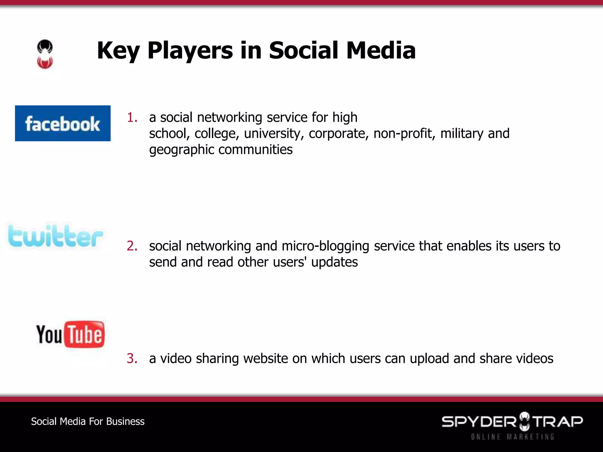 Key Players in Social Mediaa social networking service for high school, college, university, corporate, non-profit, military and geographic communitiessocial networking and micro-blogging service that enables its users to send and read other users' updatesa video sharing website on which users can upload and share videosSocial Media For Business