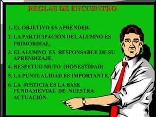 REGLAS DE ENCUENTRO.
1. EL OBJETIVO ES APRENDER.
2. LA PARTICIPACIÓN DELALUMNO ES
PRIMORDIAL.
3. ELALUMNO ES RESPONSABLE DE SU
APRENDIZAJE.
4. RESPETUO MUTO (HONESTIDAD)
5. LA PUNTUALIDAD ES IMPORTANTE.
6. LA JUSTICIA ES LA BASE
FUNDAMENTAL DE NUESTRA
ACTUACIÓN.
 