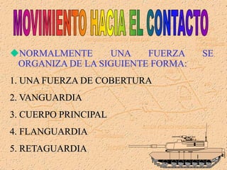 NORMALMENTE UNA FUERZA SE
ORGANIZA DE LA SIGUIENTE FORMA:
1. UNA FUERZA DE COBERTURA
2. VANGUARDIA
3. CUERPO PRINCIPAL
4. FLANGUARDIA
5. RETAGUARDIA
 