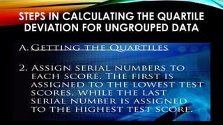 STEPS IN CALCULATING THE QUARTILE
DEVIATION FOR UNGROUPED DATA
 