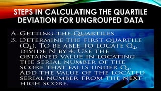STEPS IN CALCULATING THE QUARTILE
DEVIATION FOR UNGROUPED DATA
 