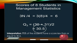 Interpretation: 75% of the students have a score less than or
equal to 30.5.
 