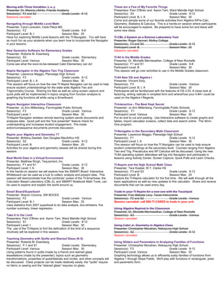 Moving with Three Variables: t, x, y                                                 These are a Few of My Favorite Things
Presenter: Dr. Maxine Lifshitz, Friends Academy                                      Presenters: Pam O'Brien and Aaron Tam, Ward Melville High School
Session(s): F2 and S2                      Grade Levels: 9-12                        Session(s): S3                             Grade Levels: 9-12
Sessions canceled                                                                    Participant Level: B, I, A                 Session Max: 30
                                                                                     Come and sample some of our favorite activities from Algebra II/Pre-Calc,
Navigating through Middle Level Math                                                 Geometry, Statistics & Calculus. This is a hands-on session where participants
Presenter: Caryl Lorandini, Carle Place MS                                           will be encouraged to explore. Be prepared to have some fun and leave with
Session(s): F2                            Grade Levels: 6-8                          some new ideas.
Participant Level: B, I                   Session Max: 25
Have fun exploring Middle Level lessons with the TI-Navigator. You will have         TI CBL 2 System as a Science Laboratory Tool
as much fun as your students when you learn how to incorporate the Navigator         Presenter: Roger Gennari, Molloy College
in your lessons.                                                                     Session(s): F2 and S2                    Grade Levels: 6-12
                                                                                     Participant Level: B                     Session Max: 25
New Geometry Software for Elementary Grades                                          Sessions canceled
Presenter: Roberta M. Eisenberg
Session(s): S3                         Grade Levels: Elementary                      TI-84 In the Middle Grades
Participant Level: Various             Session Max: 30                               Presenter: Dr. Michelle Merriweather, College of New Rochelle
Come see what the soon-to-be-released Cabri Elementary can do!                       Session(s): F1 and S1                         Grade Levels: 6-8
                                                                                     Participant Level: B                          Session Max: 30
Nspire Navigator in the Algebra Two Trig Classroom                                   This session will go over activities to use in the Middle Grades classroom.
Presenter: Lawrence Maggio, Plainedge High School
Session(s): F3                              Grade Levels: 9-12                       TI-84 New OS and Algebra I
Participant Level: B, I, A                  Session Max: 30                          Presenter: Vincent Doty,
This session will focus on how the new TI Nspire Navigator can be used to help       Session(s): F3                                Grade Levels: Various
ensure student understandings for the state wide Algebra Two and                     Participant Level: B, I, A                    Session Max: 30
Trigonometry Course. Sharing tns files as well as using screen capture and           Participants will be familiarized with the features of OS 2.53. A close look at
quick polls will be implemented in topics ranging from function analysis to          factoring, writing radicals in simplest form and where/how your ti-84+ could be
graphing trig functions all while using a Smartboard.                                used on the Algebra I Regents.

Nspire Navigator Interactive Classroom                                               TI-Interactive - The Best Kept Secret
Presenter: Jo Ann Miltenberg, Farmingdale Public Schools                             Presenter: Jo Ann Miltenberg, Farmingdale Public Schools
Session(s): F3                             Grade Levels: Various                     Session(s): F1                               Grade Levels: 9-12
Participant Level: I                       Session Max: 30                           Participant Level: Various                   Session Max: 30
TI-Nspire Navigator wireless remote learning system sends documents and              Put an end to cut and pasting. Use Interactive software to create graphs and
analyzes data. Quick poll and the "live presenter" feature check for                 tables, import calculator screens, collect data and search online. The All-In-
understanding and increases student engagement. Pre-made                             One program.
action/consequence documents promote discussion.
                                                                                     TI-Navigator in the Secondary Math Classroom
Nspire your Algebra and Geometry ??                                                  Presenter: Lawrence Maggio, Plainedge High School
Presenter: Brittany Zweibel, Gen Douglas MacArthur HS                                Session(s): F1                              Grade Levels: 9-12
Session(s): S2                              Grade Levels: 9-12                       Participant Level: I, A                     Session Max: 30
Participant Level: B                        Session Max: 20                          This session will focus on how the TI Navigator can be used to help ensure
Activities for your algebra and geometry classes will be shared during this          student understandings at the secondary level. Courses ranging from Algebra
session.                                                                             Two and Trig, Precalculus and AP Calculus will be discussed. Using the new
                                                                                     TI-84 operating system attendees will log into Navigator and participate in
Real World Data in a Virtual Environment                                             lessons using Activity Center, Screen Capture, Quick Polls and Learn Checks.
Presenter: Matthew Ringh, Tequipment, Inc
Session(s): F1 and S1                      Grade Levels: 9-12                        TI-Nspire and the High School Math Class
Participant Level: I, A                    Session Max: 30                           Presenter: Tara Koebel, W.T. Clarke HS
In this hands-on session we will explore how the SMART Board Interactive             Session(s): F3 and S3                         Grade Levels: 9-12
Whiteboard can be used as a hub to collect, analyze and present data. This           Participant Level: B                          Session Max: 25
session will deomonstrate how the combined power of the TI-Smartview, the            Explore the TI-Nspire calculator for the first time. We will walk through all the
Calculator Based Laboratory (CBL-2), and SMART Notebook Math Tools, can              basic applications as well as new updates to this calculator. Share and receive
be used to explore and explain the world around us.                                  documents that can be used every day.

Smart Board/Superbowl                                                                Trade In your TI Nspire for a new one with the Touchpad
Presenter: Sharon Ciccone, SW BOCES                                                  Presenter: Fran Bellows Levy, Texas Instruments
Session(s): F2                            Grade Levels: Various                      Session(s): F2 and S2                     Grade Levels: Various
Participant Level: B, I                   Session Max: 25                            Session canceled- call 800-TI CARES to trade in your unit.
Uses statistics from 2007 superbowl to do data analysis, box-whiskers, five
number summary, linear regression.                                                   Using Algebra Nspired in the Classroom
                                                                                     Presenter: Dr. Michelle Merriweather, College of New Rochelle
Take It to the Limit                                                                 Session(s): S3                             Grade Levels: Various
Presenters: Pam O'Brien and Aaron Tam, Ward Melville High School                     Session canceled
Session(s): S1                                Grade Levels: 9-12
Participant Level: I                          Session Max: 30                        Using Cabri Jr. Geometry in Algebra Class
The use of the TI-Nspire to find the definiation of the limit of a sequence          Presenter: Christopher Monahan, Niskayuna High School
intuitively will be explored in this session.                                        Session(s): S2                          Grade Levels: 9-12
                                                                                     Session canceled
Teaching Geometry with Quilts and Stained Glass (K-5)
Presenter: Roberta M. Eisenberg                                                      Using Sliders and Parameters in Analyzing Families of Functions
Session(s): F-1 and S1                      Grade Levels: Elementary                 Presenter: Christopher Monahan, Niskayuna High School
Participant Level: Various                  Session Max: 30                          Session(s): F3                              Grade Levels: 9-12
Using patterns found in quilts (made by a friend) and stained glass                  Participant Level: Various                  Session Max: 30
tessellations (made by the presenter), topics such as geometric                      Graphing technology allows us to efficiently sutdy families of functions from
transformations, properties of quadrilaterals and circles, and other concepts will   Algebra 1 through Slope Fields. We'll play with functions in rectangular, polar
be discussed. Class projects can be made relatively easily; the "quilts" require     and parametric form.
no fabric or sewing and the "stained glass" requires no glass.
 