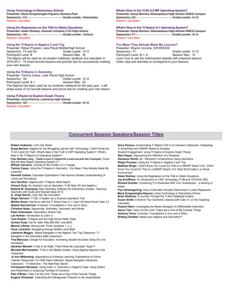 Using Technology in Elementary School                                                     What's New in the TI-84 2.5 MP Operating System?
Presenter: Maria Scognamiglio-Higuera, Munsey Park                                        Presenter: Sonja Barrera, Massapequa High School AMES Campus
Session(s): F3                          Grade Levels: Elementary                          Session(s): S3                          Grade Levels: 9-12
Session canceled                                                                          Session canceled

Using the Regression on the TI84 to Obtain Equations                                      What's New in the TI-Nspire 2.1 Operating System?
Presenter: Helen Rodney, Samuel Compers CTE High School                                   Presenter: Sonja Barrera, Massapequa High School AMES Campus
Session(s): S3                         Grade Levels: Various                              Session(s): F1                          Grade Levels: 9-12
Session canceled                                                                          Session canceled

Using the TI-Nspire in Algebra 2 and Trig                                                 You Mean They Already Made My Lessons?
Presenter: Robyn Poulsen, Lake Placid Middle/High School                                  Presenter: Sharon Ciccone, SW BOCES
Session(s): F2 and S2                      Grade Levels: 9-12                             Session(s): F1                               Grade Levels: 6-12
Participant Level: B                       Session Max: 30                                Participant Level: B, I, A                   Session Max: 12
The Nspire will be used as my student notebook, textbook and calculator in                Learn how to use the mathnspired website with prepared lessons
2010-2011. I'll share favorite lessons and provide tips for successfully creating         Video clips and activities to correspond to your lessons.
your own lessons.

Using the TI-Nspire in Geometry
Presenter: Tammy Casey, Lake Placid High School
Session(s): S2                           Grade Levels: 9-12
Participant Level: B, I                  Session Max: 25
The Nspires has been used as my students notebook for the past year. I will
share some of my favorite lessons and provie tips for creating your own lesson.

Using TI-Nspire to Explore Graph Theory
Presenter: Anna Panova, Lawrence High School
Session(s): S2                         Grade Levels: 9-12
Session canceled




                                                    Concurrent Session Speakers/Session Titles

   Robert Anderson: Let's Get Series                                                      Anna Panova: Incorporating TI Nspire CAS in an Inclusion Classroom; Integrating
   Sonja Barrera: Algebra for the Struggling Learner with Technology; I Didn't Know the   TI-SmartView and SMART Board to Increase
   TI-34 Could Do That!; What's New in the TI-84 2.5 MP Operating System?; What's         Student Engagement; Using TI-Nspire to Explore Graph Theory
   New in the TI-Nspire 2.0 Operating System?                                             Stan Pappo: Discovering the Definition of a Parabola
   Fran Bellows Levy : Trade In your TI Nspire for a new one with the Touchpad; Come      Salvatore Petrilli, Jr.: Geometric Constructions Using GeoGebra
   See the New Nspire Operating System 2.1                                                Robyn Poulsen: Using the TI-Nspire in Algebra 2 and Trig
   William Caroscio: Journey to the Centers of a Triangle                                 Matthew Ringh: I Didn't Know You Could Do That on a SMART Board: 6-8; I Didn't
   Tammy Casey: Using the TI-Nspire in Geometry; You Mean They Already Made My            Know You Could Do That on a SMART Board: K-5; Real World Data in a Virtual
   Lessons?                                                                               Environment
   Kenneth Collins: Calculator Explorations That Improve Student Understanding of         Helen Rodney: Using the Regression on the TI84 to Obtain Equations
   Limits and Derivatives                                                                 Jay Schiffman: An Introduction to CAS Technology (TI-89 and VOYAGE 200)
   Ann Davidian: Algebra with TI-Nspire; Math Nspire                                      Richard Schiller: Combining TI's Smartview With Your Smartboard -- a sharing of
   Vincent Doty: An Inspired Look at Geometry; TI-84 New OS and Algebra I                 ideas!
   Roberta M. Eisenberg: New Geometry Software for Elementary Grades, Teaching            Paul Schwiegerling: How a Calculator Actually Determines A Linear Regression
   Geometry with Quilts and Stained Glass (K-5)
                                                                                          Maria Scognamiglio-Higuera: Using Technology in Elementary School
   A. Jorge Garcia: Look, Ma, No Calculator!
                                                                                          Brian Shedrow: A Journey Through the TI-84's Statistical Graphs
   Roger Gennari: TI CBL 2 System as a Science Laboratory Tool
                                                                                          Susan Smith: Enhance Your Geometry Lessons with Cabri Jr. on the Graphing
   Martha Green: Hands-on with the TI Smart View 3.1; Learn All About Smart View 3.0
                                                                                          Calculator
   Natalie Hammerman: Evolution: Foundations in Vivo and in Silico
                                                                                          Howard Stern: Leveraging the Nspire Navigator to Differentiate Instruction
   Christine Healy: Sequences: Arithmetic, Geometric and Infinite
                                                                                          Aaron Tam: Take It to the Limit, These are a Few of My Favorite Things
   Peter Hollenstein: Geometer's Sketch Pad
                                                                                          Anthony Tolvo: Evolution: Foundations in Vivo and in Silico
   Les Kellner: Introduction to Cabri Jr.
                                                                                          Brittany Zweibel: Nspire your Algebra and Geometry??
   Tara Koebel: TI-Nspire and the High School Math Class
   Gurkan Kose: Car for Sale: Was $50,000, now $500
   Maxine Lifshitz: Moving with Three Variables: t, x, y
   Caryl Lorandini: Navigating through Middle Level Math
   Lawrence Maggio: Nspire Navigator in the Algebra Two Trig Classroom; TI-
   Navigator in the Secondary Math Classroom
   Tina Mancuso: Google for Educators; Increasing Student Success Using On-Line
   Homework
   Abraham Mantell: It Has to be Right, That's What My Calculator ‘Says’!!!
   Michelle Merriweather: TI-84 In the Middle Grades; Using Algebra Nspired in the
   Classroom
   Jo Ann Miltenberg: Applications to Enhance Learning; Explorations of Online
   Teacher Resources; Fun With Data Collection; Nspire Navigator Interactive
   Classroom; TI-Interactive - The Best Kept Secret
   Christopher Monahan: Using Cabri Jr. Geometry in Algebra Class; Using Sliders
   and Parameters in Analyzing Families of Functions
   Pam O'Brien: Take It to the Limit, These are a Few of My Favorite Things
   Eugene Olmstead: Extending the Pythagorean Theorem to the Quadrilateral
 