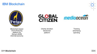 5
IBM Blockchain
Blockchain-based
micro-financing
platform for
Kenya’s $20B
informal economy
Charity donation
blockchain
platform
Tracking
advertising
spending
 