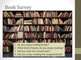 Book Survey
1. Do you enjoy reading books?
2. What kind of books do you enjoy reading?
3. Did you read the actual book?
4. Did you enjoy reading the assigned book?
 