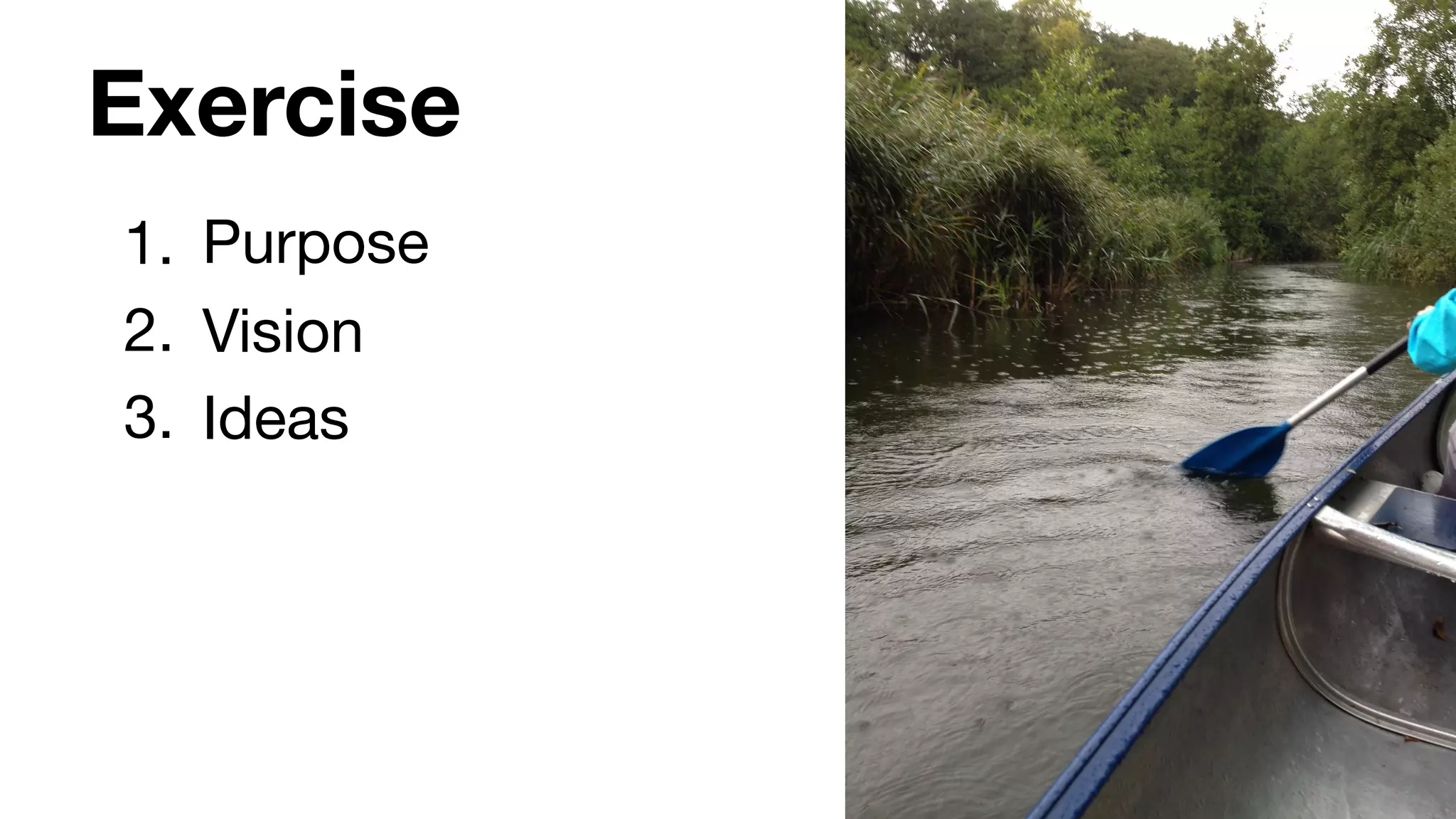 Exercise
1. Purpose

2. Vision

3. Ideas
 