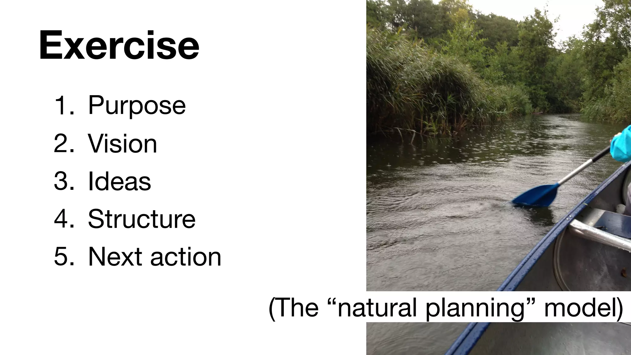 Exercise
1. Purpose

2. Vision

3. Ideas

4. Structure

5. Next action
(The “natural planning” model)
 
