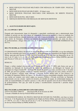    BONS SERVIÇOS POLICIAIS MILITARES COM MEDALHA DE TEMPO SERV. POLICIAL
       MILITAR
      BONS SERVIÇOS POLICIAIS MILITARES – 02 (duas) vezes
      BONS SERVIÇOS POLICIAIS MILITARES COM MEDALHA DE MERITO POLICIAL
       MILITAR
      BONS SERVIÇOS POL. MILITARES
      SERVIÇOS DISTINTOS COM MEDALHA DE SERVIÇOS DISTINTOS



   3. ALGUNS ELOGIOS DE DESTAQUE:

B. I. 111/1999 DO 1º BPM

Elogiado pela demonstração ímpar de abnegação e capacidade contribuindo para a administração desta
Unidade no período em que tive a honra de comandá-la. Demonstrou equilíbrio e força na condução dos
mais variados problemas, sabendo resolvê-los com zelo e senso de disciplina, não esquecendo também a
força motriz da hierarquia. Os brios e as tradições da corporação foram mantidos em nome da ética e
do profissionalismo. (Elogio feito pelo Cmt. do 1º BPM, CEL QOPM CAUDEMIR RODRIGUES DA
SILVA).


BOL PM 182/2004, de 19/10/2004 do COMANDO GERAL

O COMANDANTE GERAL DA POLÍCIA MILITAR DO ESTADO DA PARAÍBA, no uso das atribuições
que lhe são conferidas pelo inciso VII, do artigo 13, do Regulamento de Competência dos Órgãos da Polícia
Militar, aprovado pelo Decreto nº 7.505, de 03 de fevereiro de 1978, com base nas disposições do art. 10,
item 2, art. 67, itens 1 e 2 e art. 68, § 1º, do Regulamento Disciplinar da Polícia Militar (RDPM), aprovado
pelo Decreto nº 8.962, de 11 de março de 1981.

RESOLVE:

Elogiar o militar estadual referenciado, do 2º Pelotão da 17ª Cia do 4º BPM, pela forma com que se
empenhou na Operação de Atendimento as vítimas do arrombamento da Barragem de Camará, nos
municípios de Alagoa Grande-PB e Mulungú-PB, sinistro de grande proporção, ocorrido no dia 17 de junho
de 2004, que provocou grandes inundações naqueles municípios, destruições de casas, pontes, lavouras e
mortes de pessoas e animais, tendo dedicado o abnegado Policial Militar todos os seus esforços e as
atividades de Segurança Pública, de Apoio e de Assistência àquelas comunidades atingidas, desenvolvendo
suas tarefas em conjunto com outros orgãos da Iniciativa Pública e Privada envolvidos na Operação,
demonstrando com tais virtudes espírito de iniciativa, de trabalho de equipe, de solidariedade humana, de
união, de responsabilidade, de respeito a pessoa e a vida, além do aguçado senso do dever Policial Militar e
de profissionalismo. Pelo que, por razão de justiça e reconhecimento concedo-lhe o presente elogio.
(Individual).


BOL PM 25/2009, de 09/02/2009 DO COMANDO GERAL
ATO Nº GCG/0010 /2009-CG        João Pessoa-PB, 02 de fevereiro de 2009.
Concede a Medalha do Serviço Policial Militar (em bronze).

O COMANDANTE-GERAL DA POLÍCIA MILITAR DO ESTADO DA PARAÍBA, com base no inciso
VII do art. 13 do Regulamento de Competência dos Órgãos da Polícia Militar, aprovado através do Decreto
nº 7.505/78, c/c o Art. 1º, Item I do §3º do Art. 2º e Art. 4º do Decreto nº 8.576/80, que instituiu a Medalha
do Serviço Policial Militar na PMPB, RESOLVE:
 