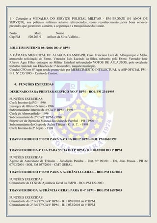 1 - Conceder a MEDALHA DO SERVIÇO POLICIAL MILITAR - EM BRONZE (10 ANOS DE
SERVIÇO), aos policiais militares adiante referenciados, como reconhecimento pelos bons serviços
prestados que garantiram a ordem, a segurança e a tranqüilidade do Estado.

Posto             Matr            Nome
Cap PM       520.263-9     Arilson da Silva Valério...


BOLETIM INTERNO 081/2006 DO 4º BPM

A CÂMARA MUNICIPAL DE ALAGOA GRANDE-PB, Casa Francisco Luiz de Albuquerque e Melo,
atendendo solicitação do Exmo. Vereador Luís Lucindo da Silva, subscrito pelo Exmo. Vereador José
Ribeiro Agra Filho, outorgou ao Militar Estadual referenciado VOTOS DE APLAUSOS, pelo excelente
trabalho realizado nas Eleições de 1º de outubro, naquele município.
Conclui CFO em 8º lugar sendo promovido por MERECIMENTO INTELECTUAL A ASP OFICIAL PM -
B. I. Nº 233/1995 – Centro de Ensino.


   4. FUNÇÕES EXERCIDAS

DESIGNADO PARA PRESTAR SERVIÇO NO 3º BPM – BOL PM 234/1995

FUNÇÕES EXERCIDAS:
Chefe Interino da P/3 - 1996
Encargos de Oficial Zelante - 1996
Subcomandante Interino da 4ª Cia/3º BPM – 1996
Chefe do Almoxarifado - 1996
Subcomandante da 2ª Cia/3º BPM - 1996
Supervisor da Operação Manzuá da cidade de Pombal – PB - 1996
Subcomandante do Grupo de Ações Táticas – G. A. T. - 1998
Chefe Interino da 2º Seção - 1998


TRANSFERIDO DO 3º BPM PARA A 4ª CIA DO 1º BPM - BOL PM 068/1999


TRANSFERIDO DA 4ª CIA PARA 5ª CIA DO 1º BPM - B. I. 063/2000 DO 1º BPM

FUNÇÕES EXERCIDAS:
Agente de Autoridade de Trânsito – Jurisdição Paraíba – Port. Nº 093/01 – DS, João Pessoa - PB de
07/03/2001 - BOL PM 057/2001 – CMT GERAL

TRANSFERIDO DO 1º BPM PARA A AJUDÂNCIA GERAL – BOL PM 122/2003

FUNÇÕES EXERCIDAS:
Comandante da CCSv da Ajudância Geral da PMPB – BOL PM 122/2003

TRANSFERIDO DA AJUDÂNCIA GERAL PARA O 4º BPM – BOL PM 169/2003

FUNÇÕES EXERCIDAS:
Comandante do 1º Pel/17ª Cia/4º BPM – B. I. 058/2003 do 4º BPM
Comandante do 2º Pel/17ª Cia/4º BPM – B. I. 032/2004 do 4º BPM
 