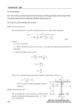 TCXDVN 338 : 2005
108
D.2 Các hệ số khác
D.2.1 Hệ số uốn dọc  lấy theo bảng D.8, hệ số ảnh hưởng của hình dạng tiết diện  lấy theo bảng D.9, hệ
số e lấy theo bảng D.10, D.11, độ lệch tâm tính đổi me lấy theo bảng D.12.
D.2.2 Hệ số cmax đối với tiết diện chữ I và chữ T
D.2.2.1 Đối với tiết diện chữ I
Đối với tiết diện chữ I có 1 trục đối xứng (Hình D.4), hệ số cmax được tính theo công thức:
 
2
2
max
16
11
2








h
e
BB
c
x
x


(D.9)
trong đó:
x = (h1I1 - h2I2)/(Iyh);
ex = Mx/N – độ lệch tâm của lực nén so với trục x–x, lấy theo dấu tương ứng (như trên hình D.4 là
dấu dương);
h – khoảng cách giữa các trục của cánh;
2
22
21
156,0
8
y
t
y Ah
I
I
II
 
;
h
e
B x

2
1
;



4

Ở đây: I1, I2 – lần lượt là mômen quán tính của cánh lớn và cánh nhỏ lấy với trục y – y;
2
2 x
yx
Ah
II
 


;
It và  – các giá trị tính theo các công thức ở bảng E.3
và bảng E.4.
D.2.2.2 Đối với tiết diện chữ T
Đối với tiết diện chữ T, giá trị của hệ số cmax được xác định
như đối với tiết diện chữ I nhưng khi tính It lấy I2 = 0; b2 =
0; t2 = 0 (Hình D.4).
b1
b2
h1
h2
h
eo
t2
t1
y
y
xx
N
Hình D.4 – Sơ đồ tiết diện chữ I
một trục đối xứng chịu nén lệch tâm
 